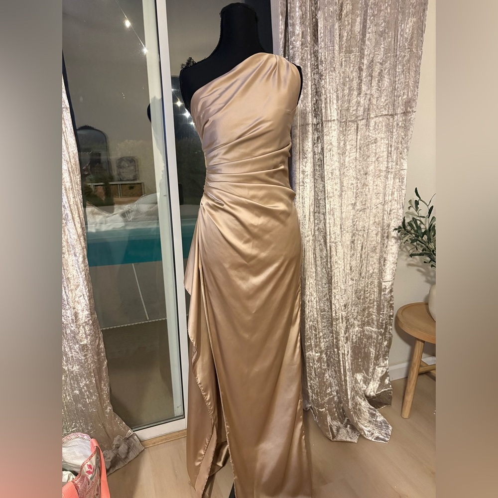 One-Shoulder Satin Evening Dress in Champagne Gold